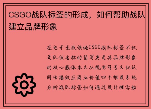 CSGO战队标签的形成，如何帮助战队建立品牌形象