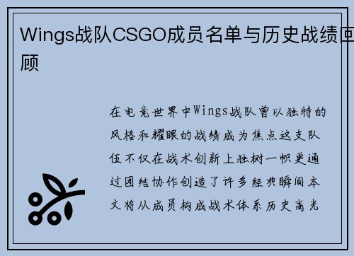 Wings战队CSGO成员名单与历史战绩回顾