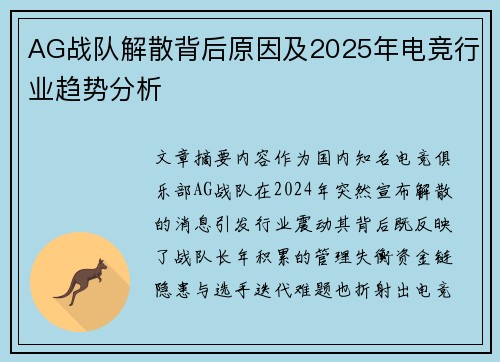 AG战队解散背后原因及2025年电竞行业趋势分析
